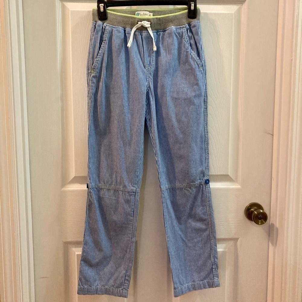 Mini Boden UNISEX striped “Railroad” pants, side buttons allow pants to roll up